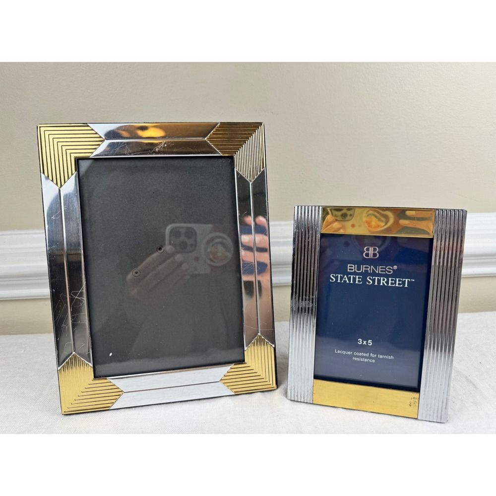 Burnes State Street‎ Picture Frame Set 5x7 3x5 Silver Gold Two Tone Art Deco 2pc